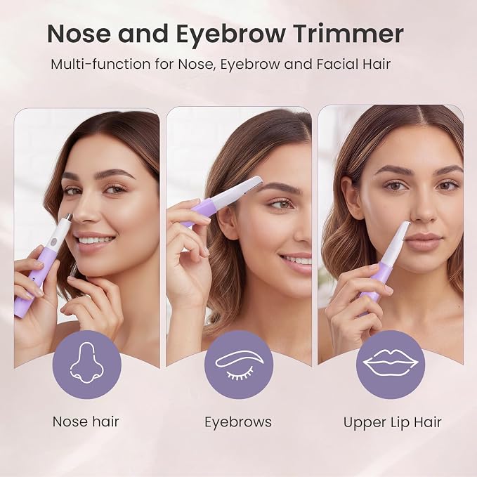 TOUCHBeauty Nose and Ear Hair Trimmer for Women Men, 2-in-1 USB-C Rechargeable Eyebrow Trimmer & Facial Hair Removal, Waterproof Dual-Edge Nasal Hair Clipper with Storage Case (Purple)