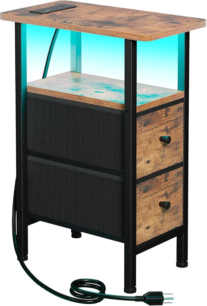 Narrow End Table with Charging Station, Small Nightstand | Skinny Side Tables Living Room with 2 Fabric Drawers, Bedside Table with LED Lights for Bedroom, Small Spaces, Rustic Brown