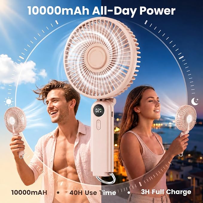 Portable Handheld Fan, 10000mAh Rechargeable 6-Inch Personal Fan for Travel | Ultra Quiet Foldable Desk Fan, 5-Speed Battery Operated Fan with Up to 40H Runtime and Digital Display for Travel and Makeup