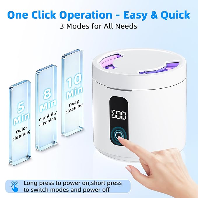 Ultrasonic Retainer Cleaner Machine, 2026 Upgraded Rechargeable 4000mAh Battery | 48kHz Ultrasonic Dental Pod for Night Guard, Invisalign, Braces, Denture, Toothbrush and Jewelry Cleaning - White