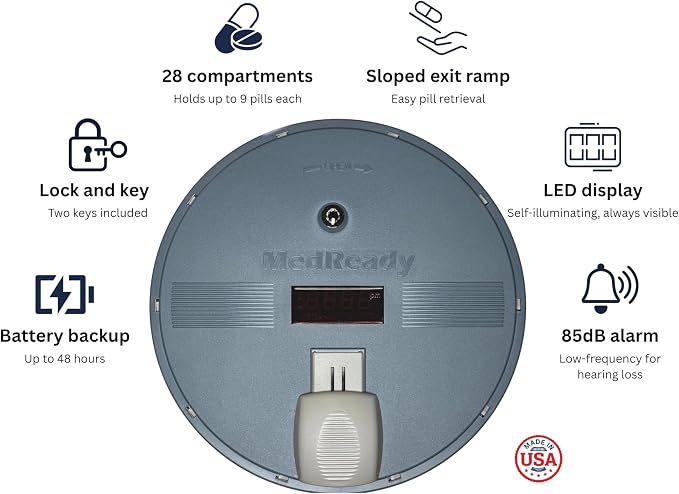 Automatic Pill Dispenser — Basic, Sound Alarm Only, 28-Day, Senior | Sound alarm, no subscription needed. 28 compartments, up to 9 pills each. Lock and key. 48-hr battery backup. Made in USA.