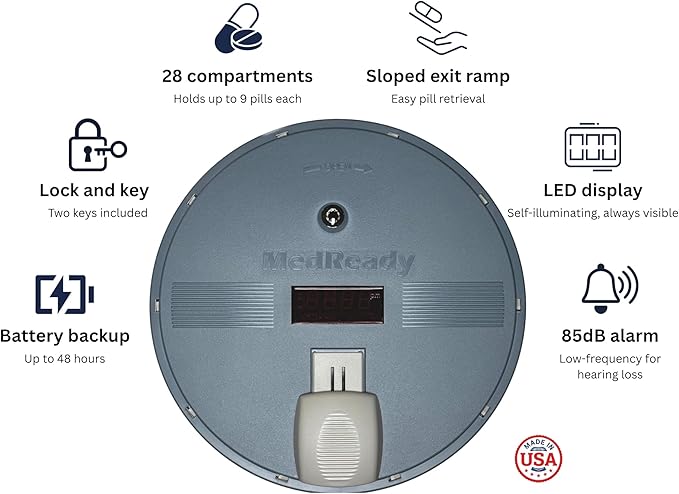 Cellular Monitored Pill Dispenser — Caregiver Alerts & Sound Alarm | Built-in cellular SIM. Missed dose alerts via email, text, and call. Remote caregiver control. No Wi-Fi needed. Made in USA.