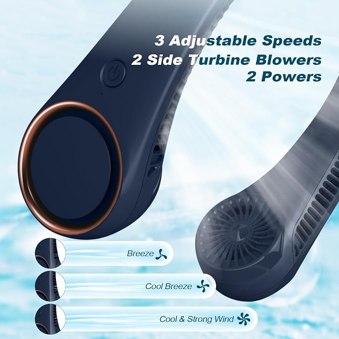 CIVPOWER Neck Fan: Portable Personal Neck Cooling Rechargeable Bladeless Fan - Hands Free 3 Speed 4000 mAh Battery USB Operated Wearable Headphone Design - Gift for Men Women Outdoor (Dark Blue)