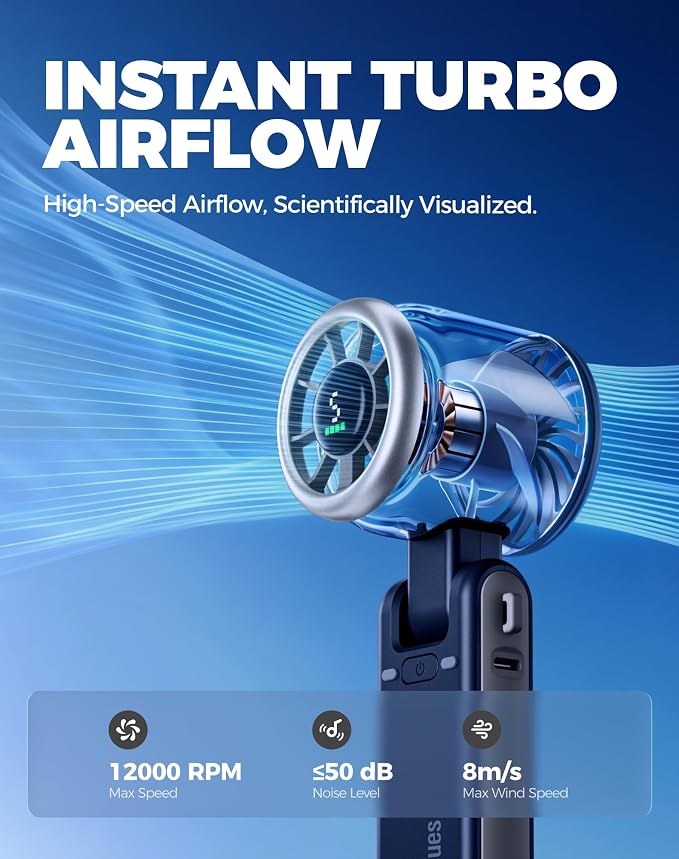 Diveblues Portable Handheld Turbo Fan, 5 Gear Wind, Battery Operated, Up to 12 Working Hours, 3 IN 1 Hand Fan with Air Turbo Tech Cooling Fan for Outdoor Activities, Travel, Working