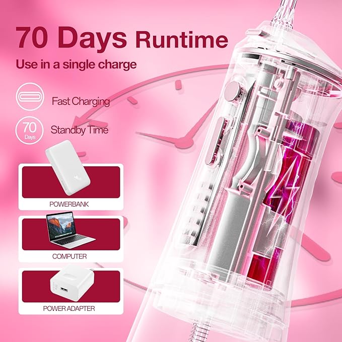 KIWIBIRD Water Dental Flosser with UV-C Sanitization, Cordless Oral Irrigator, 3 Modes & 4 Tips, 300ML BPA-Free Tank, 40-120PSI Portable Teeth Cleaner for Plaque, Home & Travel Use (Pink Ombre)