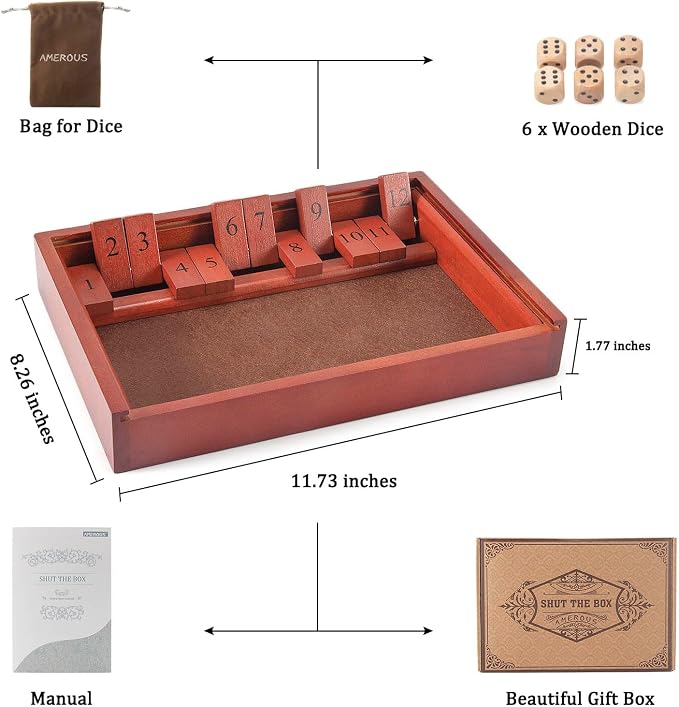 AMEROUS Shut The Box Dice Game，Wooden Board Table Math Game with Lid - 6 Dice - Gift Package - Rules, Classic Board Game for Kids Adults, Family