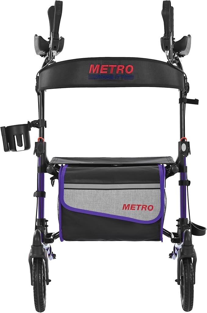 Metro Mobility Rollator Walker with Seat for Seniors, Foldable Lightweight Rolling Walker, 10" Big Front Shock-Absorbing Honeycomb Wheels for All Terrain, 300 lb. Weight Capacity, Purple