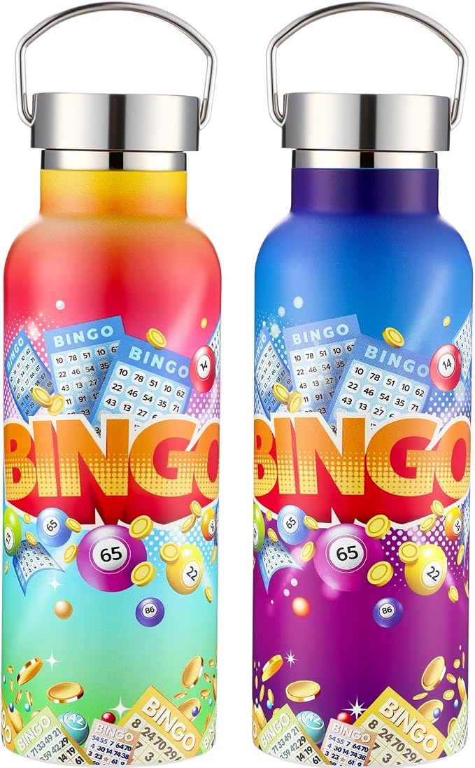 Geiserailie 2 Pack Bingo Tumbler Cups Bingo Prizes Gifts 17oz Stainless Steel Water Bottle Double Wall Insulated Bottle with Handle and Vacuum Seal Leakproof Lid for Seniors Adults Party