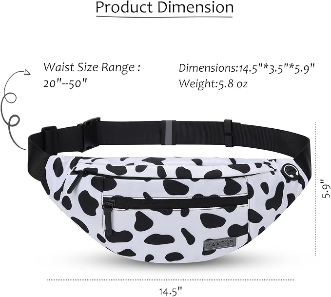 MAXTOP Large Cow Print Crossbody Bags for Women Cute Fanny Pack Belt Bag | 4-Zipper Pockets,Gift for Enjoy Music Concert Hiking Running Cycling Traveling Hands-Free Waist Pack Fits All Phones