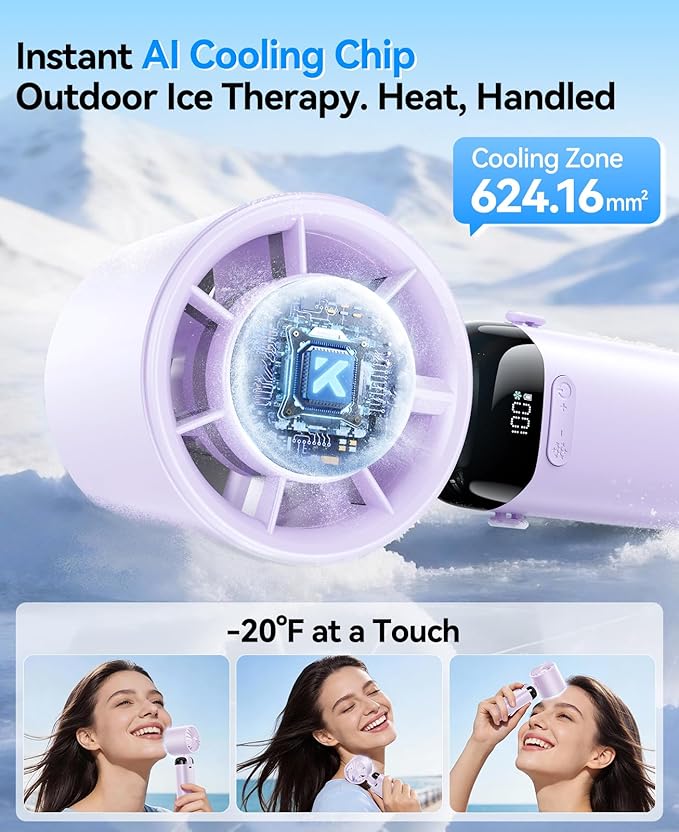 KIMMOO Handheld Portable Turbo Fan with Ice Cooler, Powerful 21000 RPM, Speed (1-199), Up to 14Hrs Cooling, Rechargeable Personal Fan, Small Pocket Hand Fans for Travel/Outdoor/Home/Office (Purple)