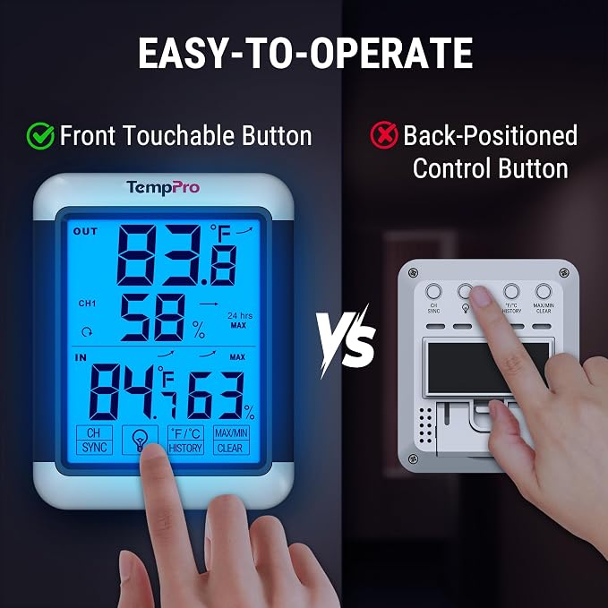 TempPro TempAir Indoor Outdoor Thermometer Digital Wireless Hygrometer | Temperature Humidity Monitor with Jumbo Touchscreen and Backlight Humidity Gauge,LCD
