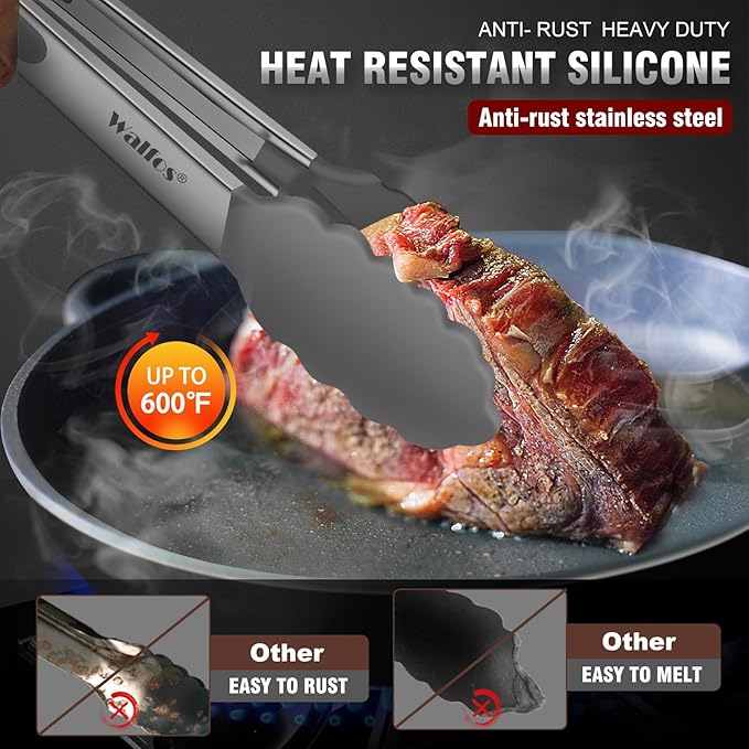 Walfos 600 Degree Heat Resistant Silicone Tongs for Cooking - Kitchen Tongs With Silicone Tips set of 3 size Food Looking Tongs (7" 9" and 12 inch Dark Grey)