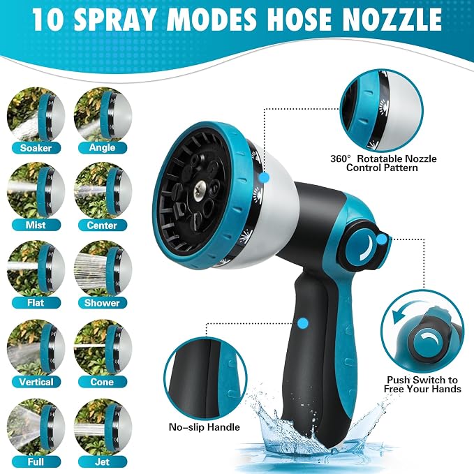 25 FTGarden Hose, Non-Expandable Flexible Fabric Water Hose with 10-Function Spray Nozzle, Kink-Free & Lightweight Yard Hose with 3/4" Solid Brass Connectors for Lawn, Outdoor, RV & Marine Use