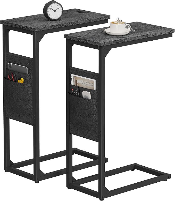 TUTOTAK C Shaped End Table, Side Table for Couch, Sofa Table | with Storage Bag, Set of 2, TV Tray for Living Room, Bedroom, Grey TB01BY0822