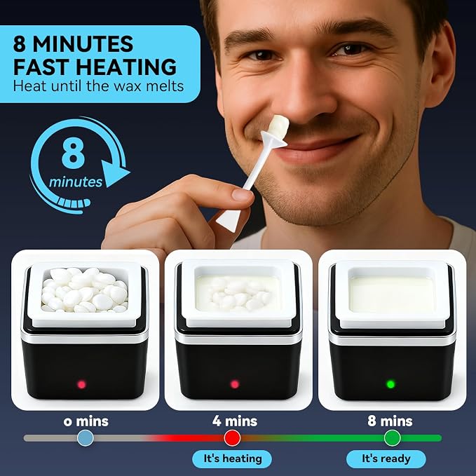 Nose Wax Kit - Portable Ear Nose Hair Waxing Kit for Men and Women with 100g Ｗax Beans, 40 Nose Hair Sticks, 10 Applicators, 10 Mustache & 10 Ear Protectors, Wax Warmer Kit for Hair Removal - White