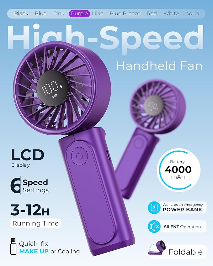 Peiyuu Portable Handheld Fan, 4000mAh, USB Rechargeable 180° Foldable Mini Desk Fan, 6 Wind Speed, LCD Digital Display, Lanyard as Neck Fan, Ultra Quiet, Pocket Size for Indoor Outdoor