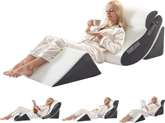 4PCS Orthopedic Bed Wedge Pillow Set for Sleeping, Post Surgery Foam Support Pillows for Back, Neck and Leg Pain Relief, Adjustable Triangle Pillow – Acid Reflux, GERD & Snoring Recovery, White Grey