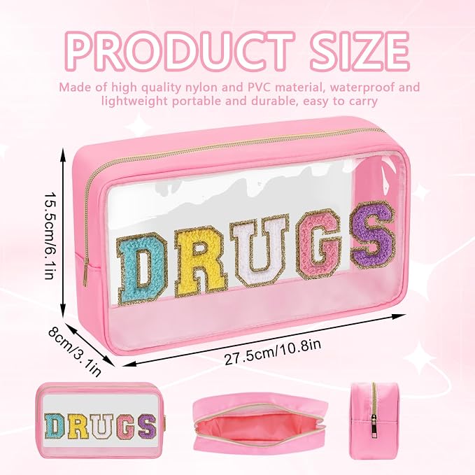Clear Letter Patch Medicine Bag Drugs Pouch with Zipper, Travel Portable Cosmetic Makeup Bag for Women Girls, Waterproof Nylon PVC Toiletry Meds Storage Case Chenille Letter Stadium Bag(Pink, DRUGS)