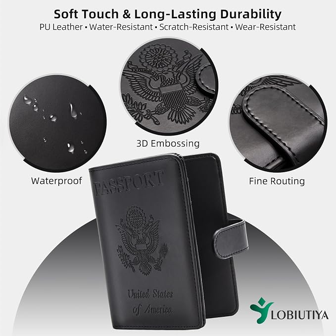 Passport Holder For Travel with Slot for AirTag & Luggage Tag Cover – RFID Blocking Travel Passport Wallet for Women/Men/Family | PU Leather Passport Case with Extra Money Pocket, Black