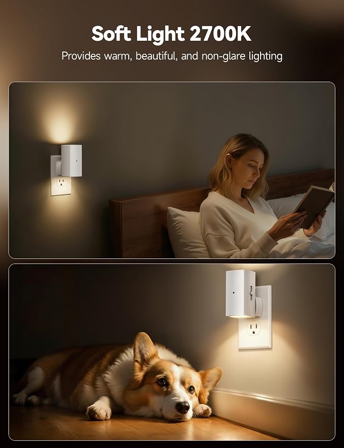 Brightown 2 Pack Black Night Lights with Rotating Plug, Soft White | Modern Night Light with Rotating Plug, Dusk to Dawn Sensor, 0-100LM Stepless Dimming Night Light for Hallway Bedroom Bathroom