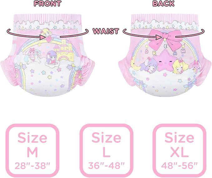 LittleForBig Ultra Absorbent 7000 mL Adjustable Hook-and-Loop Fastener Closure Adult Printed Cloth Back Diaper 10 Pieces - Fairy Littles in Dreamland (Medium 28"-38")
