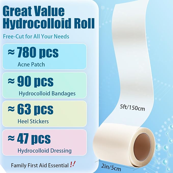 Hydrocolloid Bandages for Wound Care, Medical-Grade Hydrocolloid Roll with Self-Adhesive, Ultra Absorbent, Flexible & Waterproof, Cut-to-Size First Aid Kit Essential (2in*4.8ft)