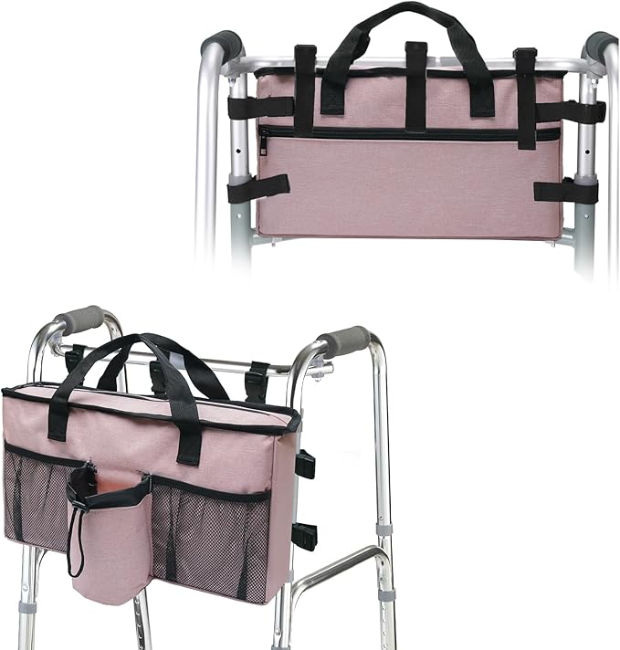 Walker Accessories for Folding Walker Seniors with Cup Holder Walker Bag Organizer Pouch Storage Buckle Carry Things -Pink