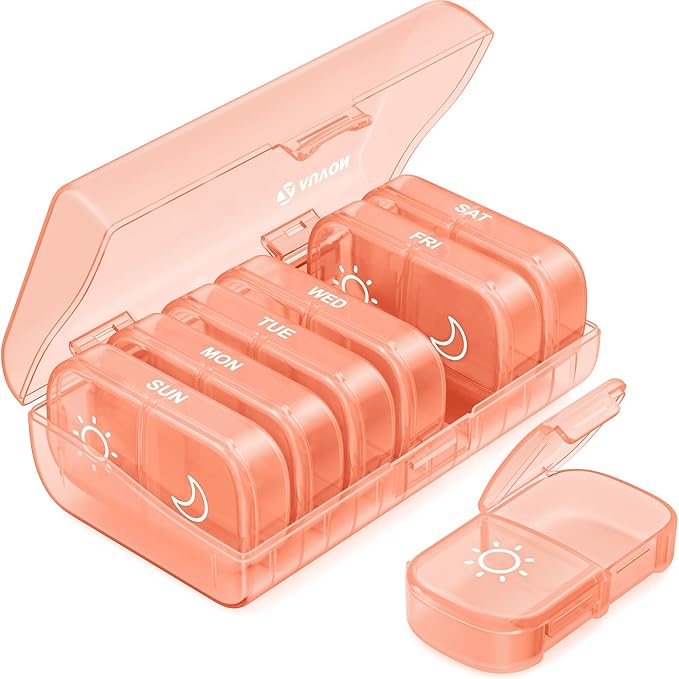 AUVON XL Weekly Pill Organizer 2 Times a Day, Pill Box 7 Day with One-Side Large Openings for Easy to Use, Watermelon Red AM PM Pill Case for Medication, Vitamins, Fish Oils, Supplements