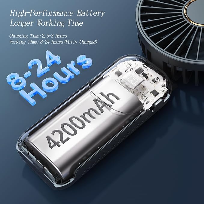 GOCKERA Portable Fan, 4200mAh Battery Operated Fan, 5 Speeds&Digital Display, Makeup Fans for Women with Base, 180°Foldable 3in1 Handheld/Neck/Desk Fan for Outdoor Indoor,Ultra Quiet (Black)