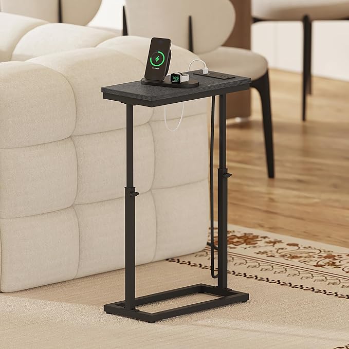 TUTOTAK End Table with Charging Station, Side Table, Tall Couch Table | Sofa Table, for living Room, Bedroom, Black TB01BK084