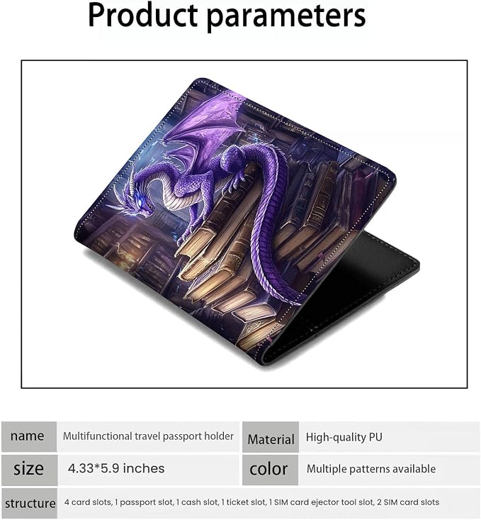 Passport Holder Wallet Cover Case,RFID Blocking Passport Cover,Large Capacity Travel Wallet with Multi Card Slots (Purple Dragon Reading Book)
