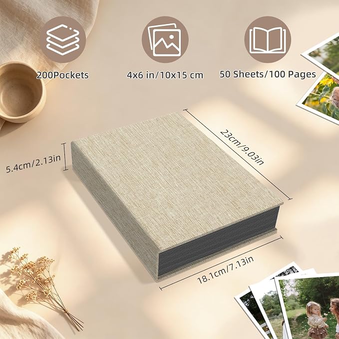 Popotop Photo Album 4x6 200 Pockets for Wedding Gifts,Linen Hardcover Picture Albums for Family Anniversary Baby Vacation Pictures