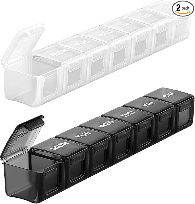 Sukuos Extra Large Weekly Pill Organizer 2 Pcs, Easy to Open Daily Pill Box 7 Day Medicine Cases for Vitamin, Fish Oils or Supplements (Black&White)