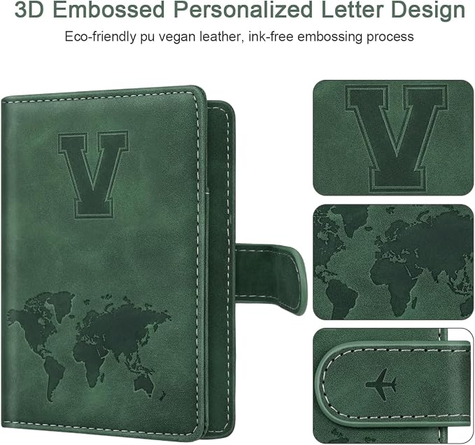 Passport Holder Wallet Cover Personalized Initial Travel Essentials | Embossed Letter A-Z Design, Travel Wallets, RFID Blocking, Passport Book Holders, Women and Men, Personalized Gifts, Green-V