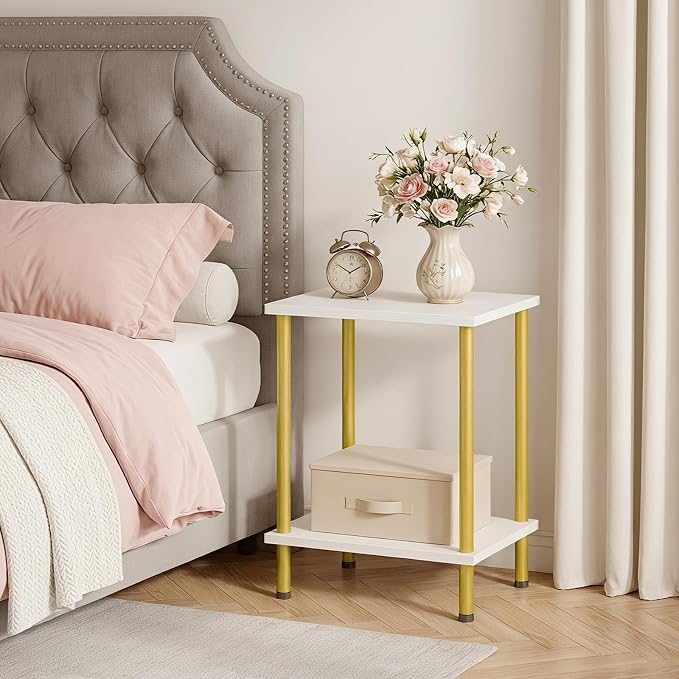 HOOBRO End Table, Small Side Table, Nightstand with 2-Layer Storage Shelves, Sofa Table for Small Spaces, Living Room, Bedroom, Stable Frame, Easy Assembly, White and Gold DW09BZ01