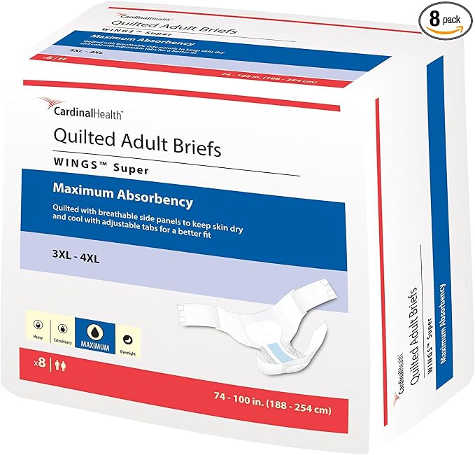 Cardinal Health™ Quilted Adult Briefs, Wings™ Super with BreatheEasy™ Technology, Maximum Absorbency, Bariatric - Bag of 8 | Disposable Incontinence Diaper, Refastenable Tabs, Men or Women, Size 3XL