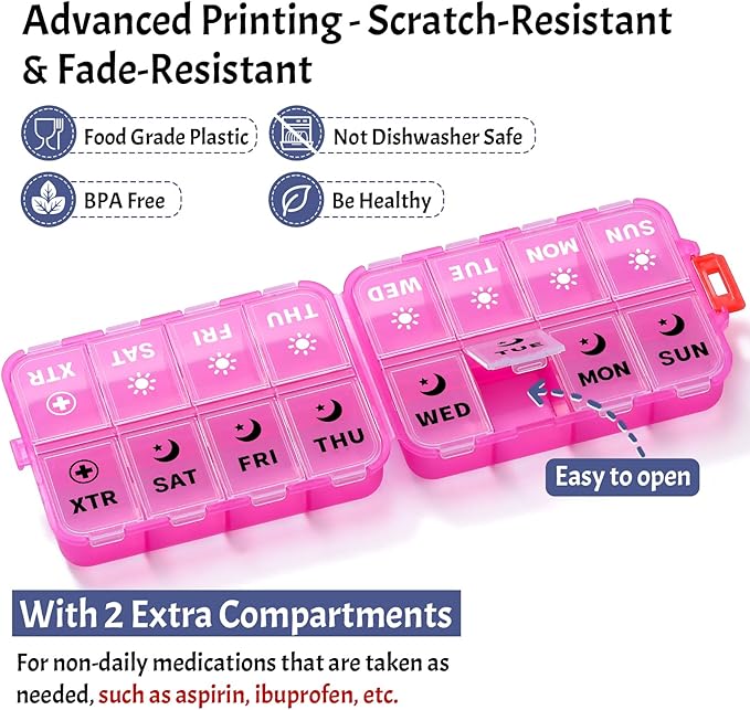 Foldable Weekly Pill Organizer 2 Times a Day with 2 Extra Compartments (Clear Printed Labels) - 7 Day AM PM Medicine Box, Week Daily Travel Pill Case Holder for Vitamin, Supplement - Clear Pink