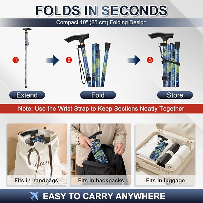 supregear Folding Cane, 5-Level Adjustable Height Walking Stick Lightweight Collapsible Portable Travel Cane with Wrist Strap and T Handle for Elderly Disabled Men Women