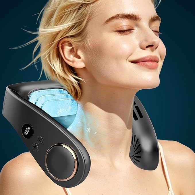 FWV Neck Fan with Cooling Plate, Quiet 30dB, 3-24Hrs Cooling,5500mAh Battery,LED Display Necklace AC Cooler, USB Bladeless Portable Personal Wearable Fans that Blow Cold Air for Men Women Kids Black