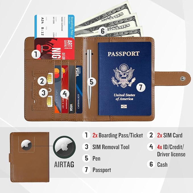 Passport Holder with AirTag Slot, Travel Passport Book Wallet | RFID Blocking, PU Leather, Cards Pocket, Cash Pocket, Passport Case, Women Men Travle Gifts, Travel Essentials