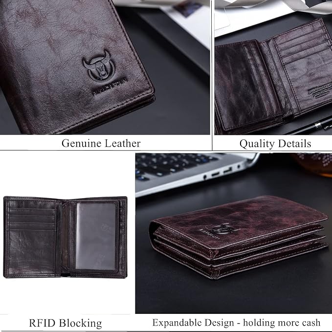 BULLCAPTAIN Large Capacity Genuine Leather Wallet for Men QB-027 | Bifold Wallet,RFID Blocking,Credit Card Holder,15 Card Slots,Special Expandable Design,gift choice