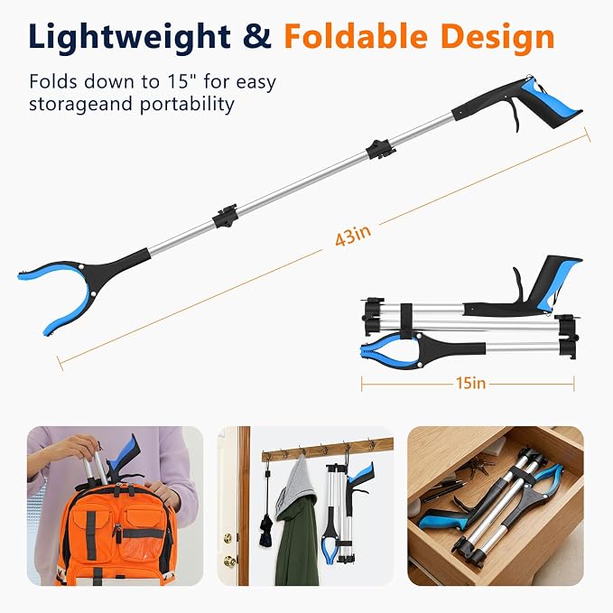 43 Inch Long Grabber Reacher Tool, 2 Pack Foldable for Seniors | Extended grabber reacher tool for seniors 5'8"-6'1", wheelchair. Aluminum, reaches 43 in. Reacher grabber pickup tool, 2-pack