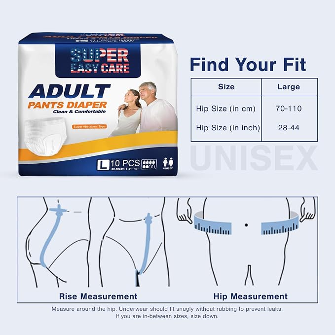 Super Easy Adult Diapers Pack of 10 | Disposable Incontinence Underwear for Men & Women | Leakproof, High Absorbency, Soft & Comfortable Day & Night Protection