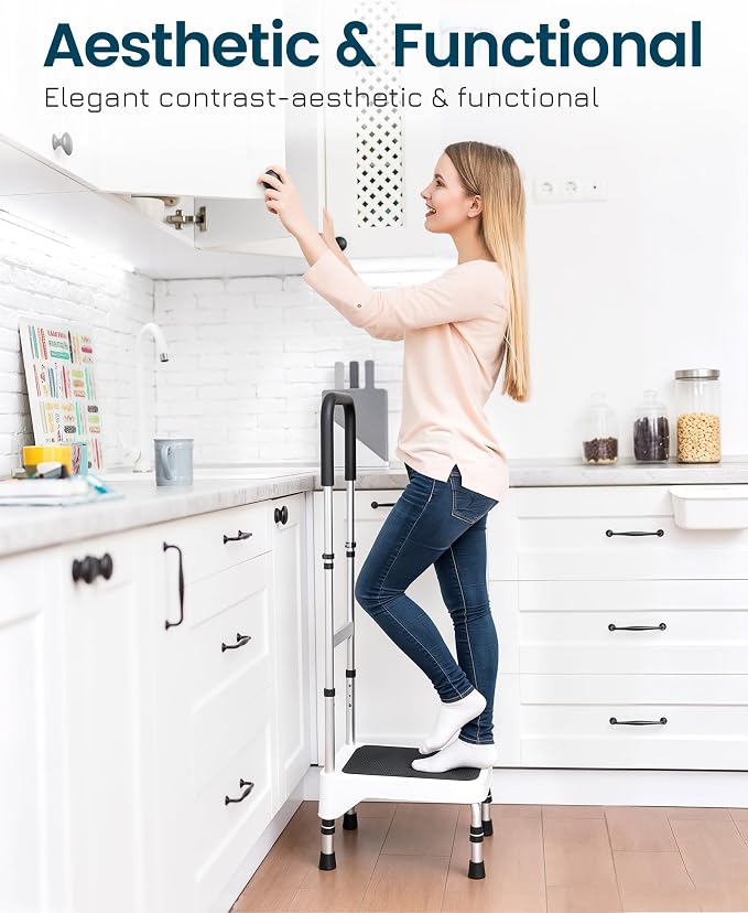 Step Stool with Handle for Elderly - Portable Step Stools for Adults - Step Stool for Bed - Stepping Stool with Adjustable Handle and Legs Supports up to 275 LBS, HDB-503A