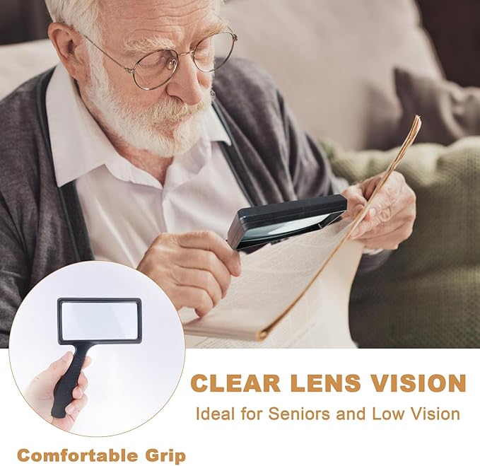 5X Rectangle Reading Magnifier, Large Handheld Magnifying Glass Scratch Resistant Glass Lens Seniors Reading, Hobbies, Repair, Observation(Black)