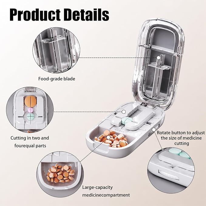 Pill Cutter Splitter for Small and Tiny Pills - Adjustable Pill Splitter with Centering Device for Cutting Multiple Pills, Accurate Alignment and Easy to Use, Storage Organizer (Gray)