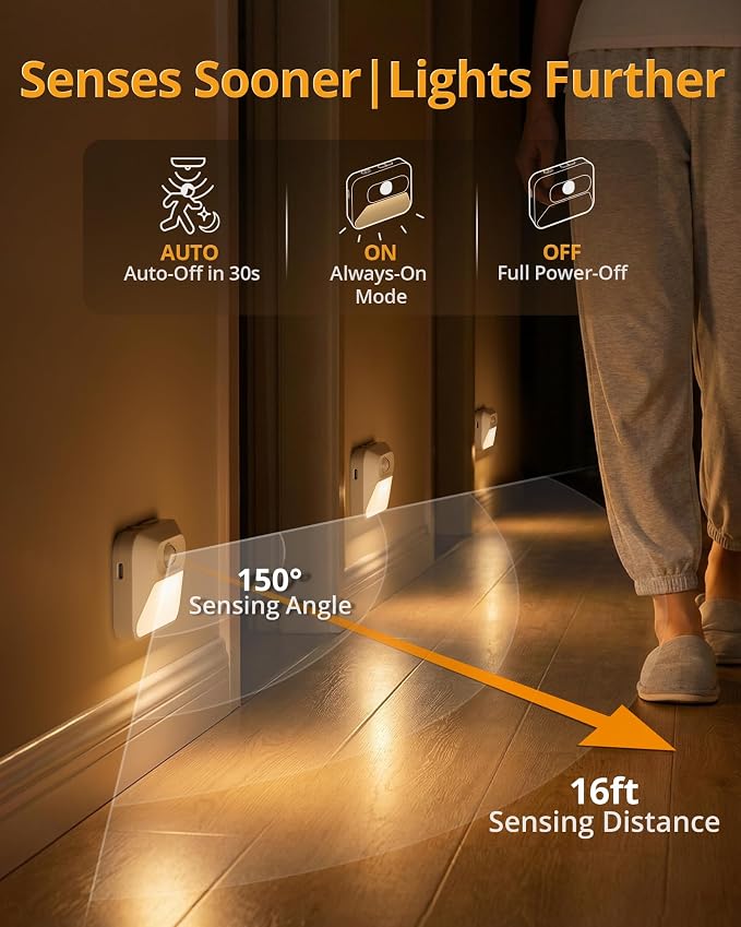 Rechargeable Sync Motion Sensor Night Lights with 3-in-1 Charging Dock, Stepless Dimmable Indoor Step Light for Stairs, Hallway, Bathroom, Bedroom, Pets and Nursery, 3 Pack
