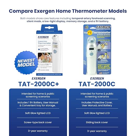 Exergen TAT-2000C Temporal Artery Forehead Thermometer for Baby Kids Adults | Displays Temperature Reading, Soft Glow, Silent Mode, Wipe Clean Sensor, 8 Reading Memory, 9V Battery Included for Family Use