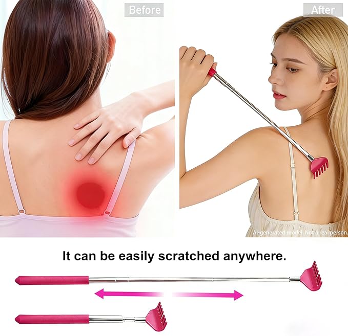 2 Pack Back scratchers Set,Stainless Steel Back Scratcher Extendable | Rubber Handles Stainless Heads,for Back,Neck,Shoulders,Beautiful Present Packaging Gifts for Thanksgiving,Christmas (Pink)