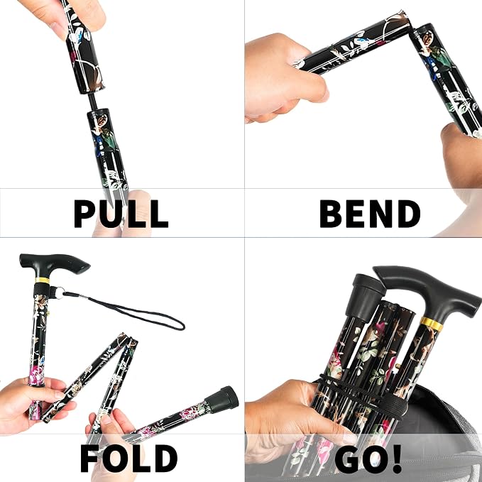 Folding Canes for Men and Women, Floral | 5-Level Adjustable Height, Lightweight Collapsible, Aluminum, Wrist Strap, T Handle, Walking Sticks for Seniors Adults